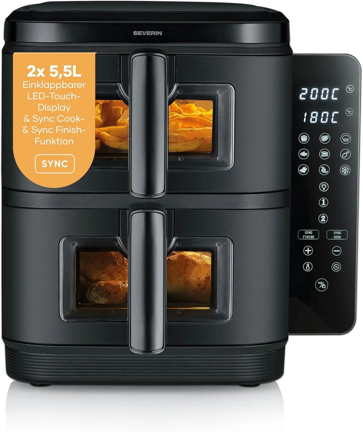 Severin Heißluftfritteuse FR 9598, 2 x 5,5 L Garraum, Leistung 2800 W, 9 Automatik-Programme, 2 Kammern, Duo Stack, gesundes Kochen, doppelstöckig