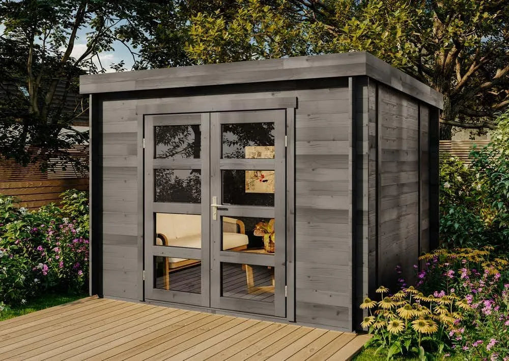 Gartenhaus 298x298cmin, Paloma Sol aus Holz Anthrazitgrau mit 28 mm Wandstärke inklusive. Fußboden