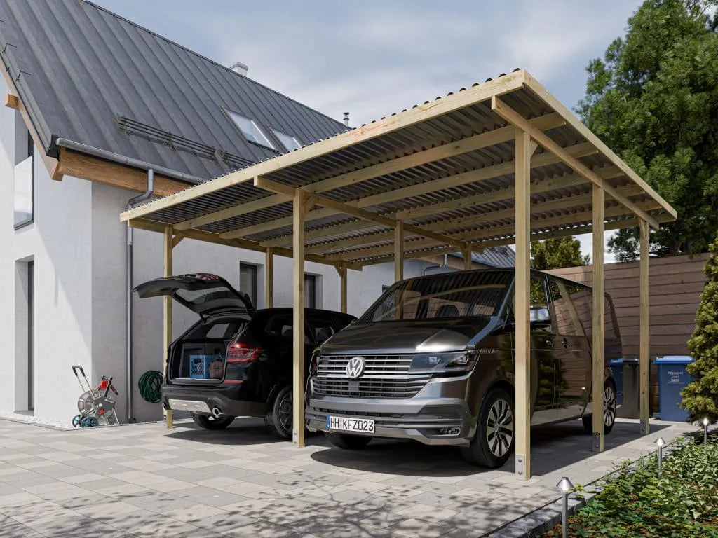Carport 9er Holz Doppel, 290 cm hoch, mit UV-Schutz, inklusive. Dacheindeckung, Maße 595 x 495 cm, Fichte Kiefer, Pfosten