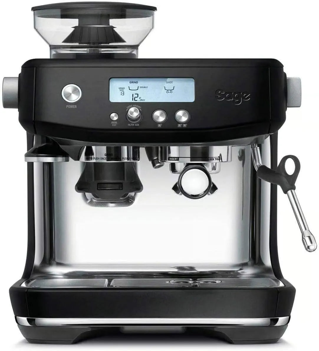 Sage Kaffeemaschine, The Barista Pro, 30 Mahlgradeinstellungen, 1650 Watt, inklusive. Milchkännchen und Tamper, Schwarzer Trüffel