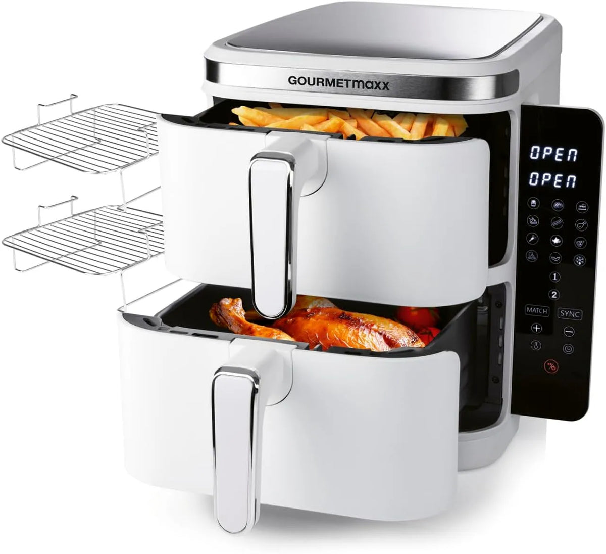 Heißluftfritteuse, 32% platzsparender, Fassungsvermögen 10L, 2 Kammern, GOURMETmaxx FryUp Vertikale Doppelkammer, vertikaler Airfryer