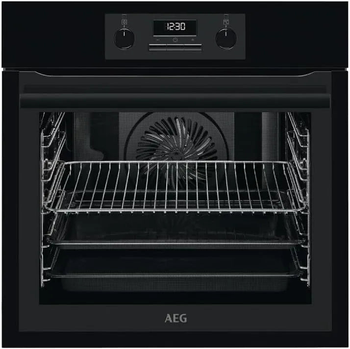 AEG Backofen BES331110B 6000, Serie, Heißluft mit Ringheizkörper, Versenkknebel, Display mit Uhr, in Schwarz, Einbaubackofen, SurroundCook, Autark
