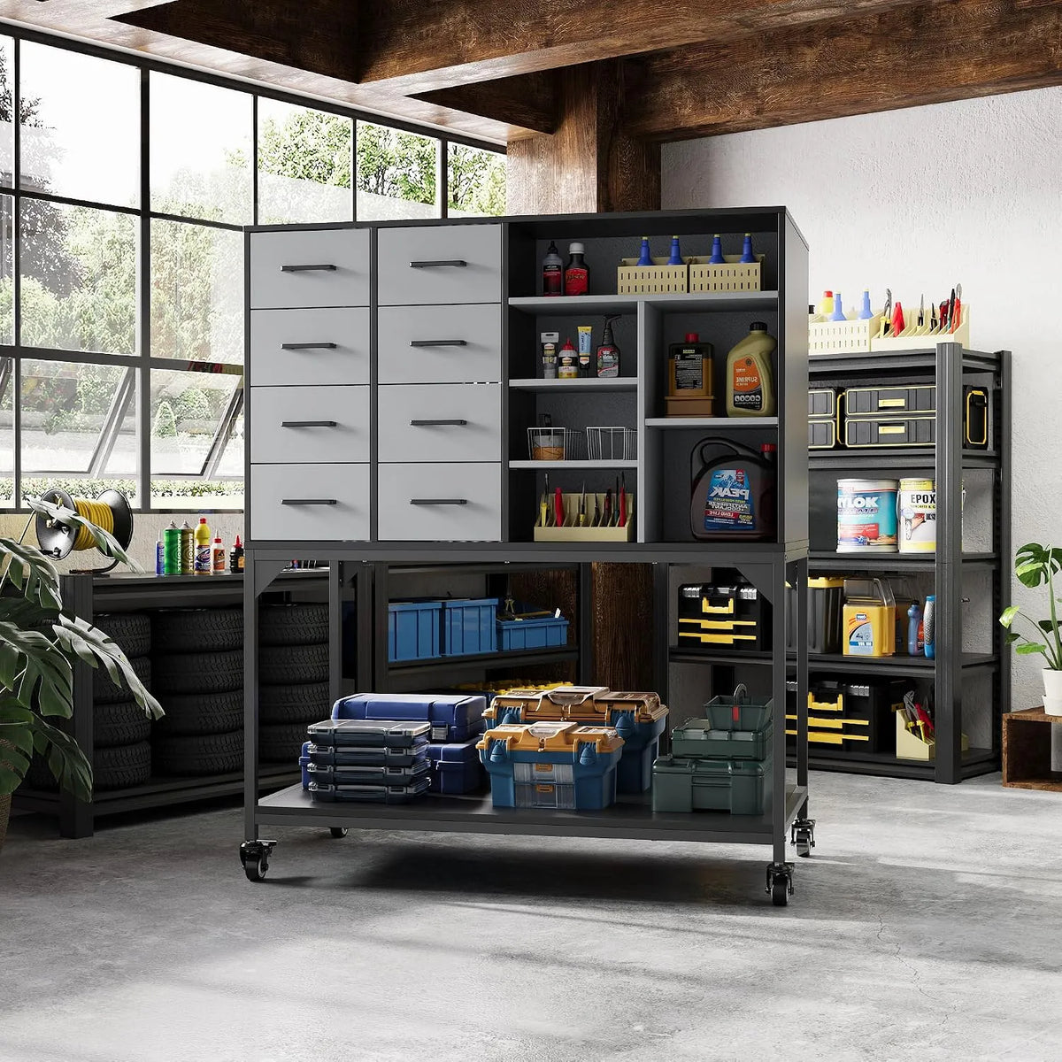 8 Schubladen & 6 Fächern Werkzeugschrank mit, Maße 100x55x121 cm, Rollbarer Toolschrank mit Lochplatte, Stahlrahmen & Melaminoberfläche, Farbe Grau