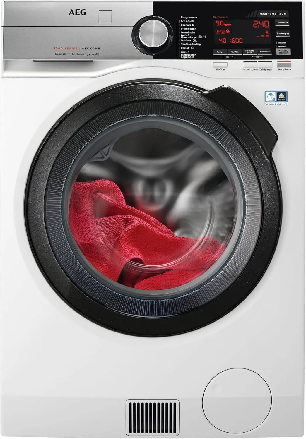AEG Waschtrockner 9000 1600 L9WEF80690, Gewicht 6 kg Trocknen, Serie AbsoluteCare, EEK C, Weniger Bügeln, Gewicht 9 kg Waschen, mit Wärmepumpe, min