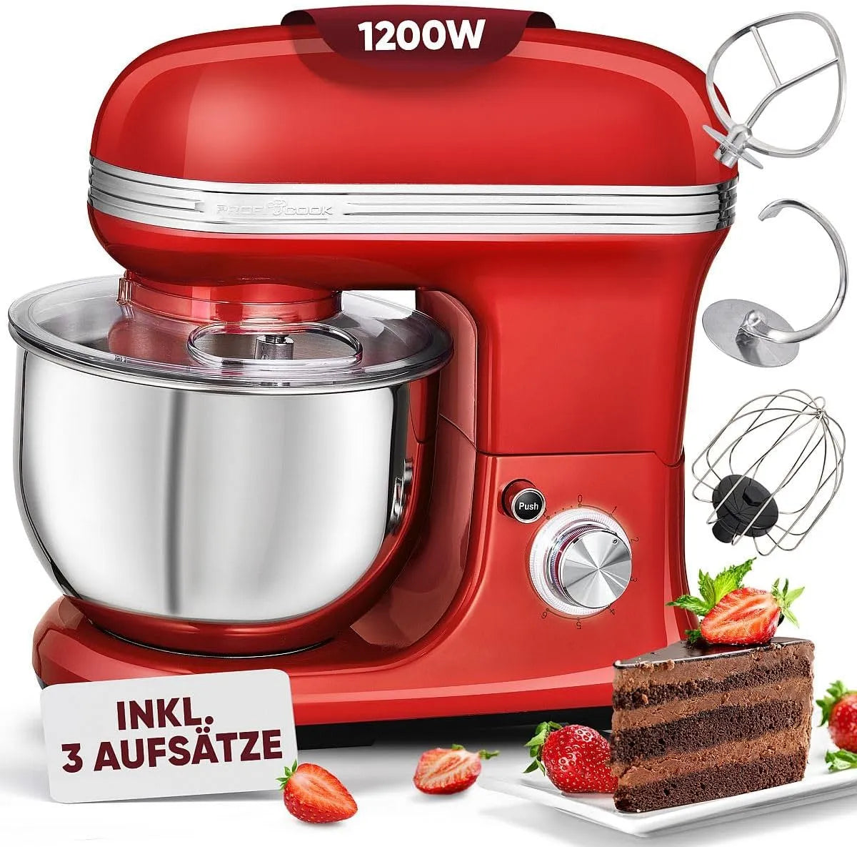 Küchenmaschine KM 1197 ProfiCook, Knetmaschine 5L mit starkem 1200W Motor, zum backen, Teigmaschine inklusive. Haken & Schneebesen, PC rot