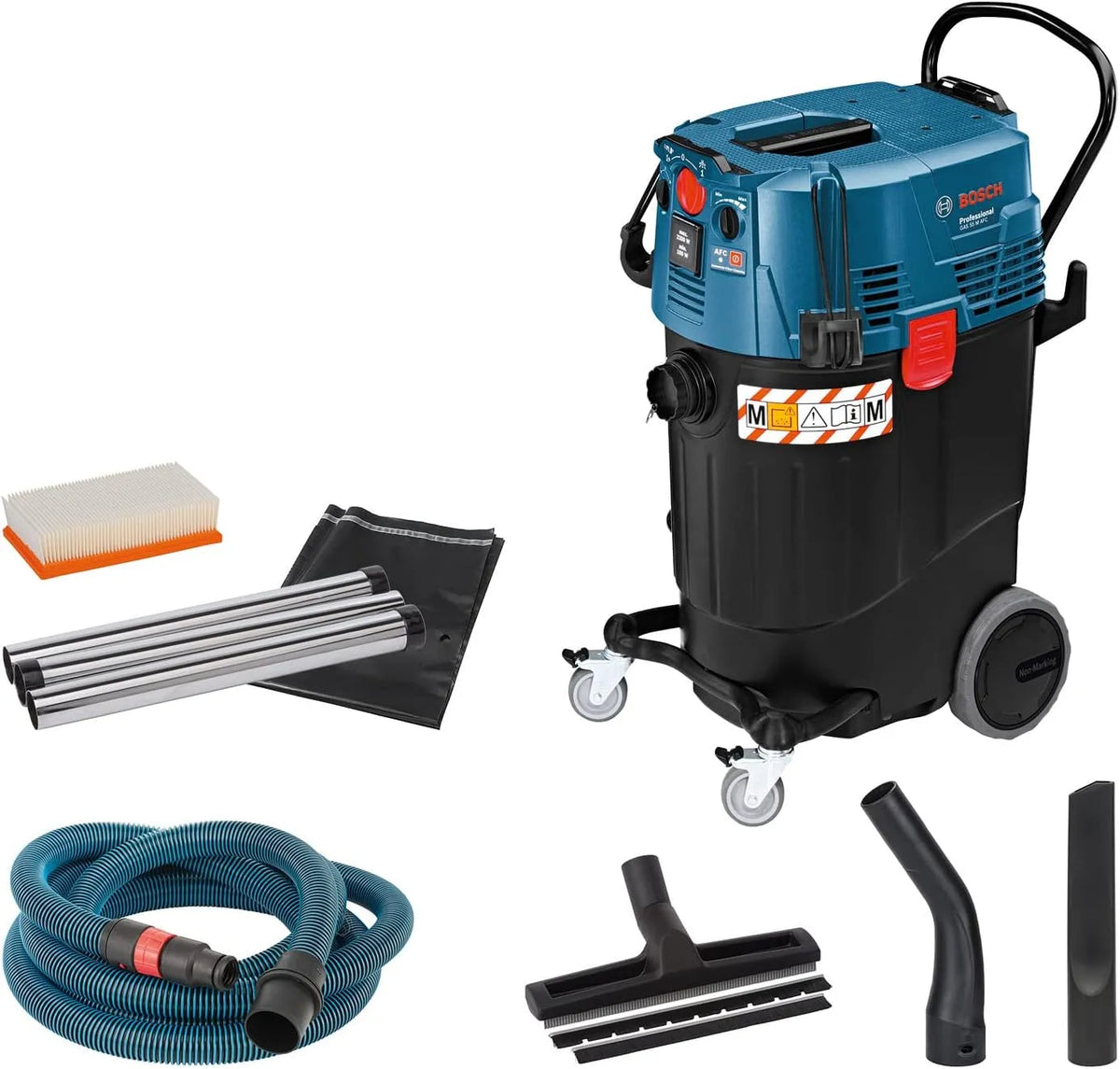 Bosch Nass-/Trockensauger GAS 55 M, 1x PES-Flachfaltenflter, Schlauch 5 m mit Werkzeugmuffe, inklusive. Fugendüse, Krümmer, 35mm Ø, 3x 0,35 m Saugrohr