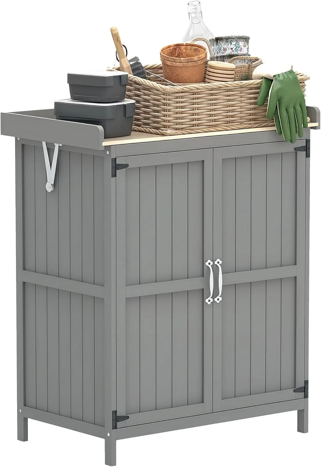 Geräteschuppen Outsunny, Gartenschrank Holz, wetterfest 74x43x88cm, Gerätehaus mit Klappdach Ablagen, Arbeitsfläche, Geräteschrank, Farbe Grau