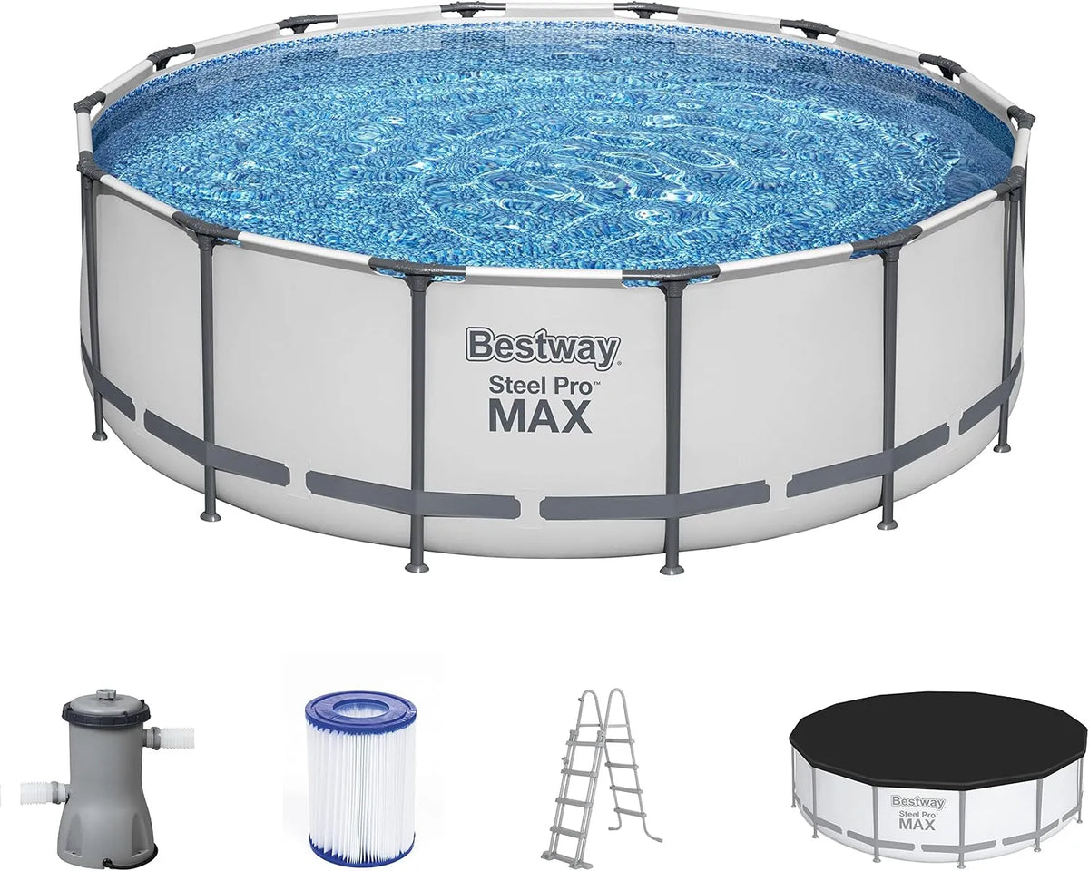 Bestway Pool, Steel Pro MAX Frame Komplett-Set mit Filterpumpe Ø 427 x 122 cm, lichtgrau, rund