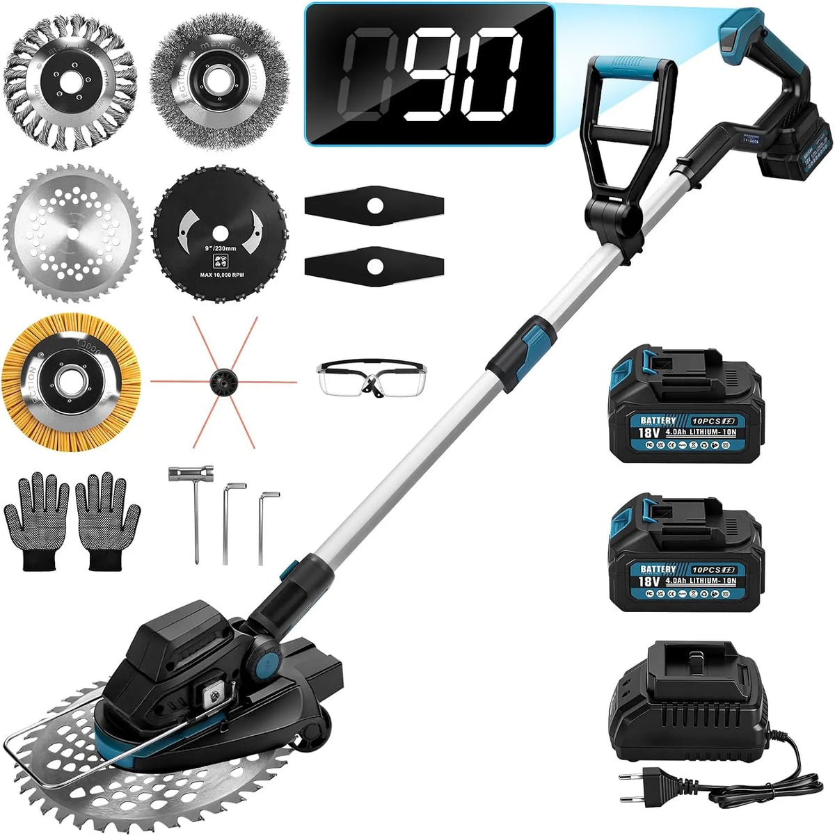 Rasentrimmer 16800, Leistung 1200W Akku mit 2 Akkus und Ladegerät, 7-in-1 Akku Freischneider mit Unkrautbürste, Rasenflächen, Büsche