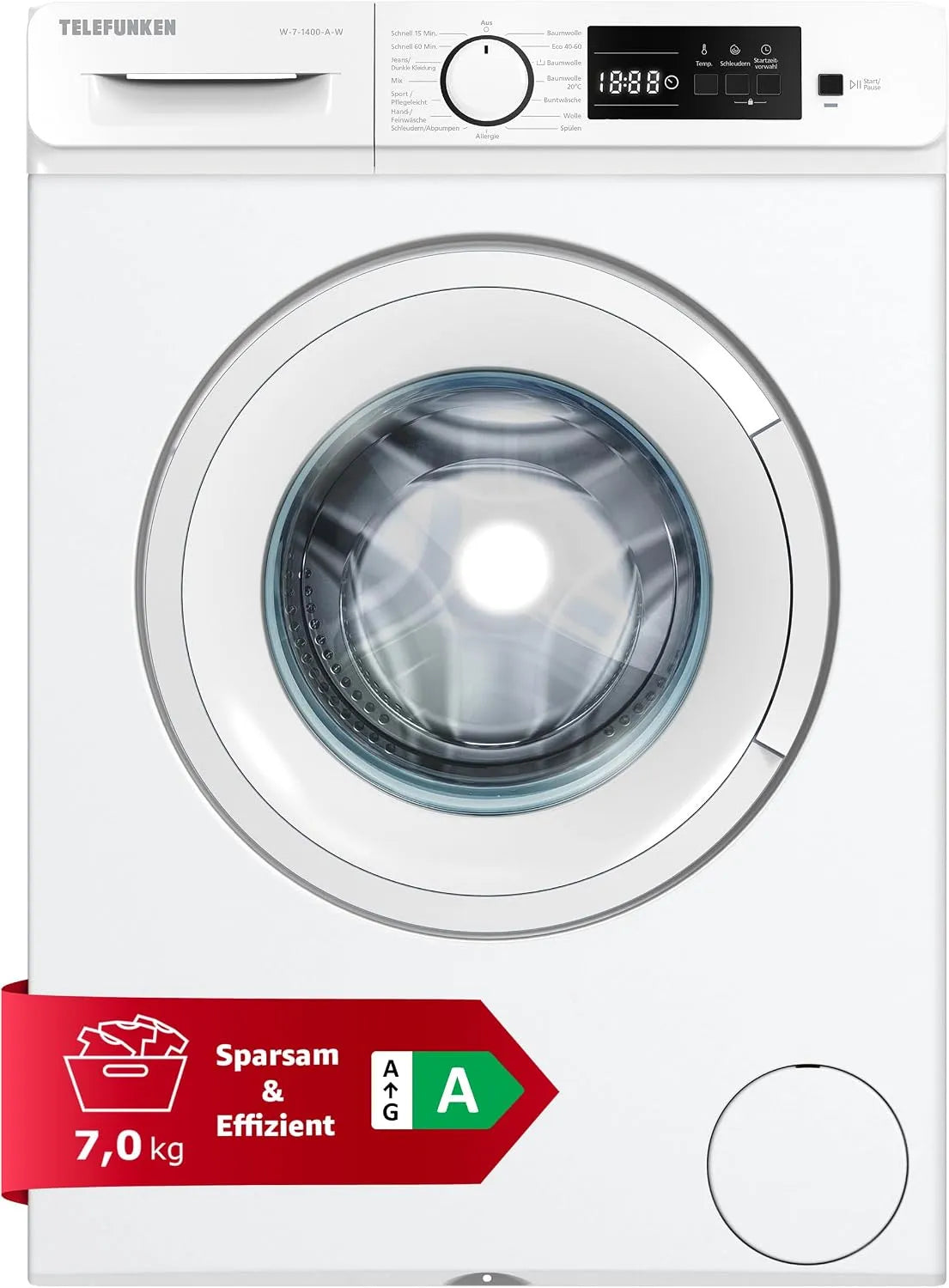 Telefunken Waschmaschine 1400, Gewicht 7kg, Washing Machine mit 15 Programmen, W-7 -A-W weiß, Inverter-Motor, Min., Leise & Effizient, Aquastop, EEK A