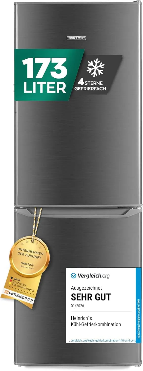 Modell Heinrich´s Kühlgefrierkombination Gesamtvolumen 7Temperaturstufen, Fassungsvermögen 121L Kühlvolumen, Fassungsvermögen 52L Gefriervolumen, inox