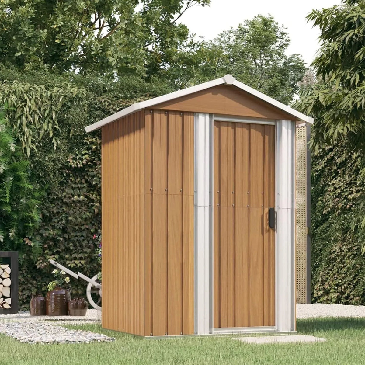 Geräteschuppen Braun, SECOLI Klein Metall Gerätehaus 126x97,5x177 cm Gartenschrank Wetterfest Outdoor