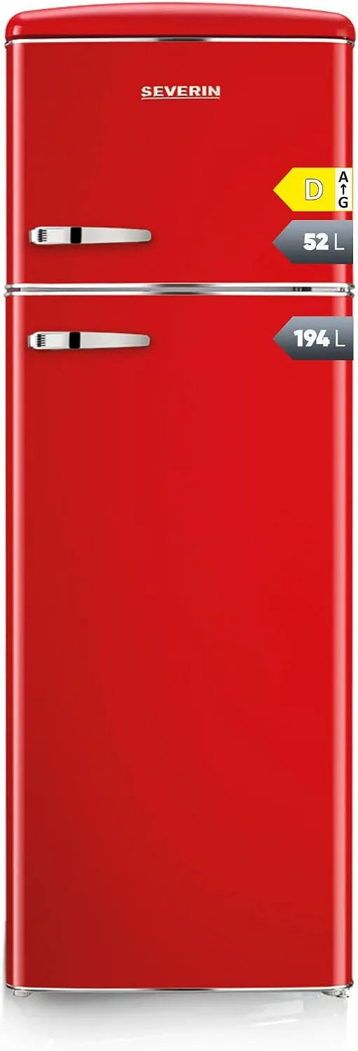 Severin Kühlschrank RKG 8983, Fassungsvermögen 246 L Nettovolumen, nur 39 dB, 1-7°C, Retro Kühl- & Gefrierkombination, Gefrierfach oben, EEK D, rot