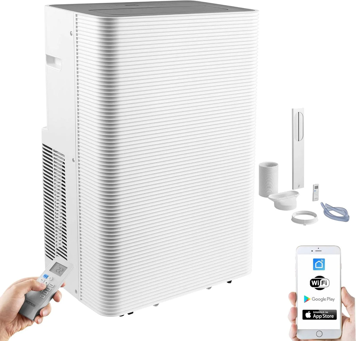 Klimaanlage 24h 3in1 Echos Mobile, 12.000 BTU, WiFi & Fensterabdichtung Mobiles Klimagerät Leise ≤56dB App, mit Abluftschlauch