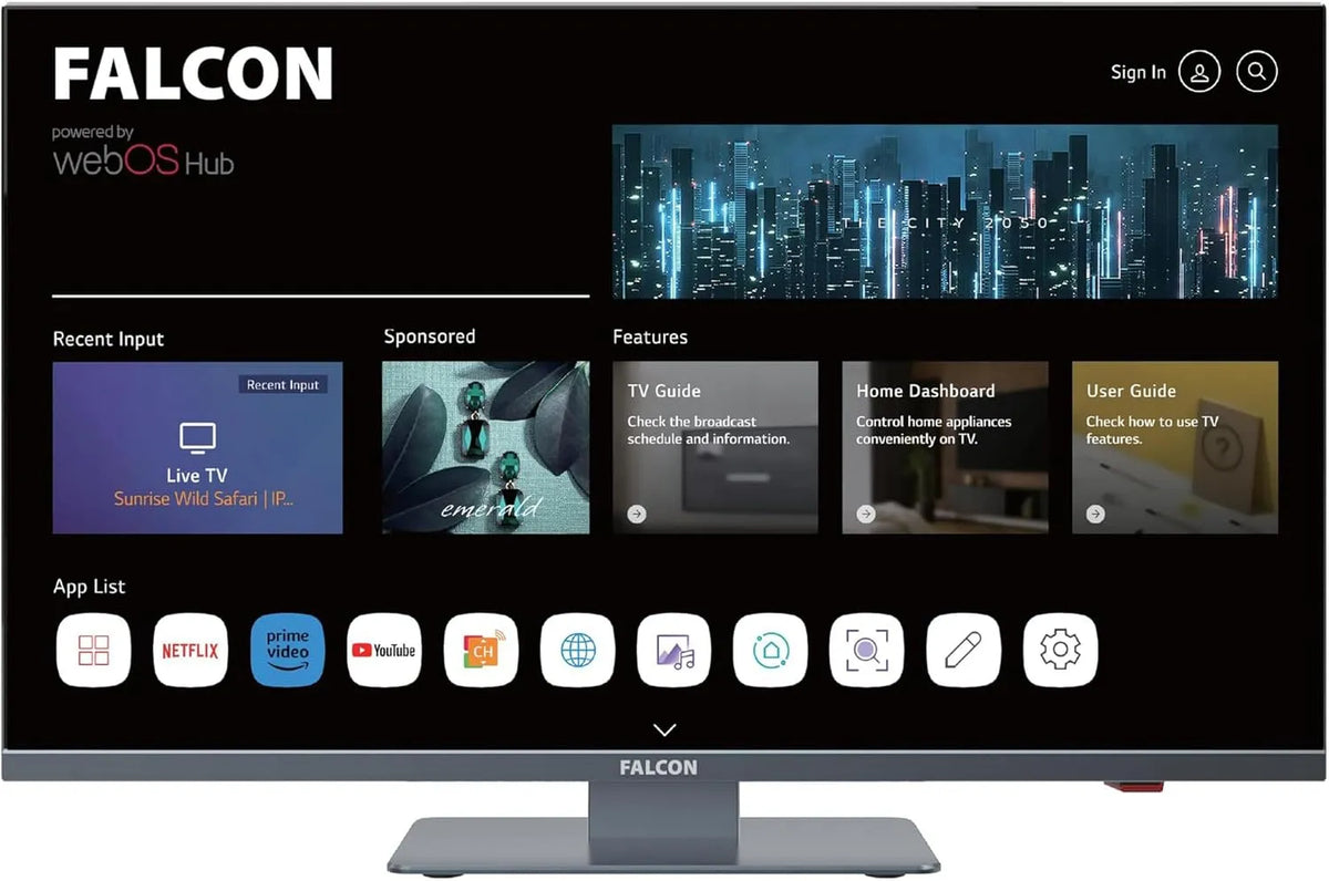 LG, Falcon 22 Zoll Full HD LED Fernseher WebOS SMART WiFi Camping Wohnmobil 12V, Spannung 24V, Paramount Plus, Disney Plus, DVD Player, Bluetooth, USB