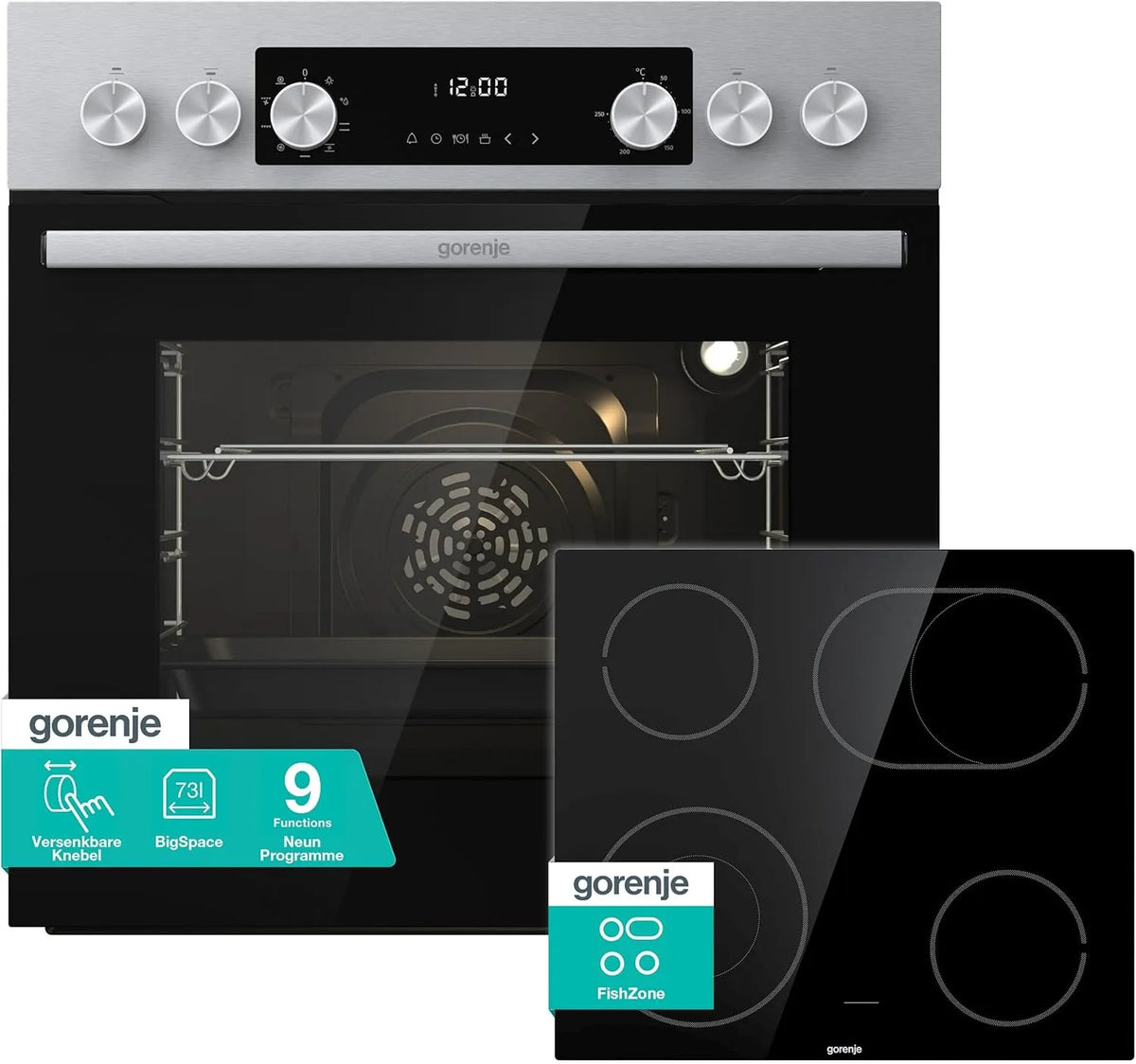 Gorenje Kochfeld, Fassungsvermögen 73L, Maße 60x56x58cm, Heißluft, Bräterzone, HxBxT, 250° max. Ofentemperatur, 9 Funktionen, MultiAir Technologie