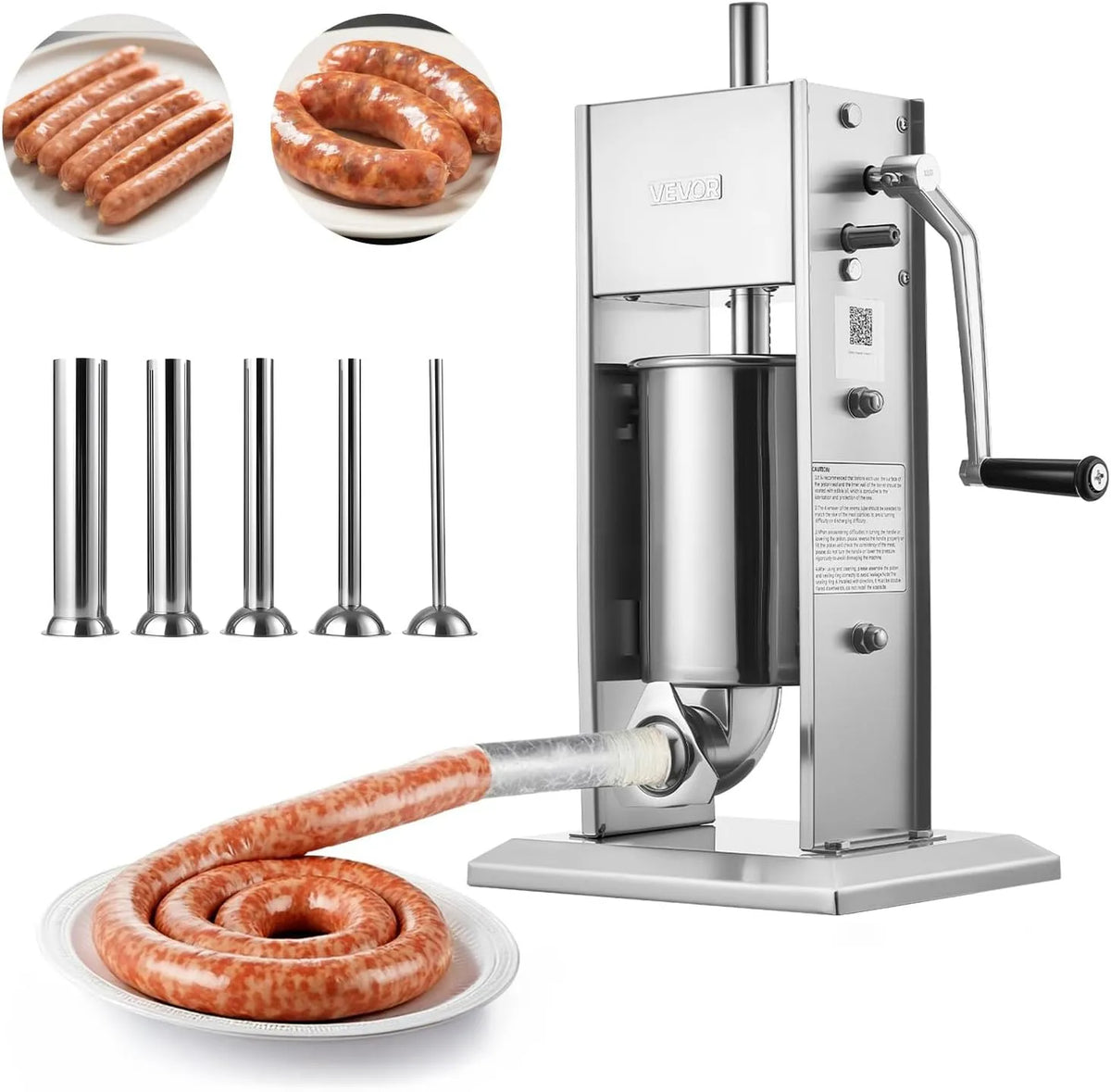 Vevor Manueller Wurstfüller 3 L, Vertikale Wurstfüllmaschine mit 5 Füllrohren, Fleischfüllmaschine Zweistufiger Edelstahlfüller