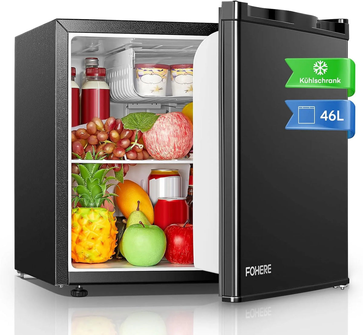 Kühlschrank, Klein 42 dB, Energiesparend, Ideal für Küche, Schlafzimmer, in Schwarz, Mini E 46L mit Eisfach, Wechselbarer Türanschlag, Büro