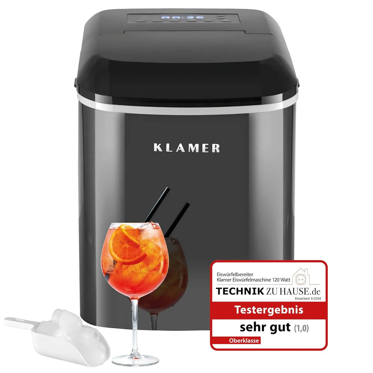 Klein mit Eisschaufel & 2 Eiswürfelgrößen KLAMER Eiswürfelmaschine, Gewicht 15 kg Eiswürfel pro Tag, 10 Eiswürfel in nur 7 Min, in Schwarz