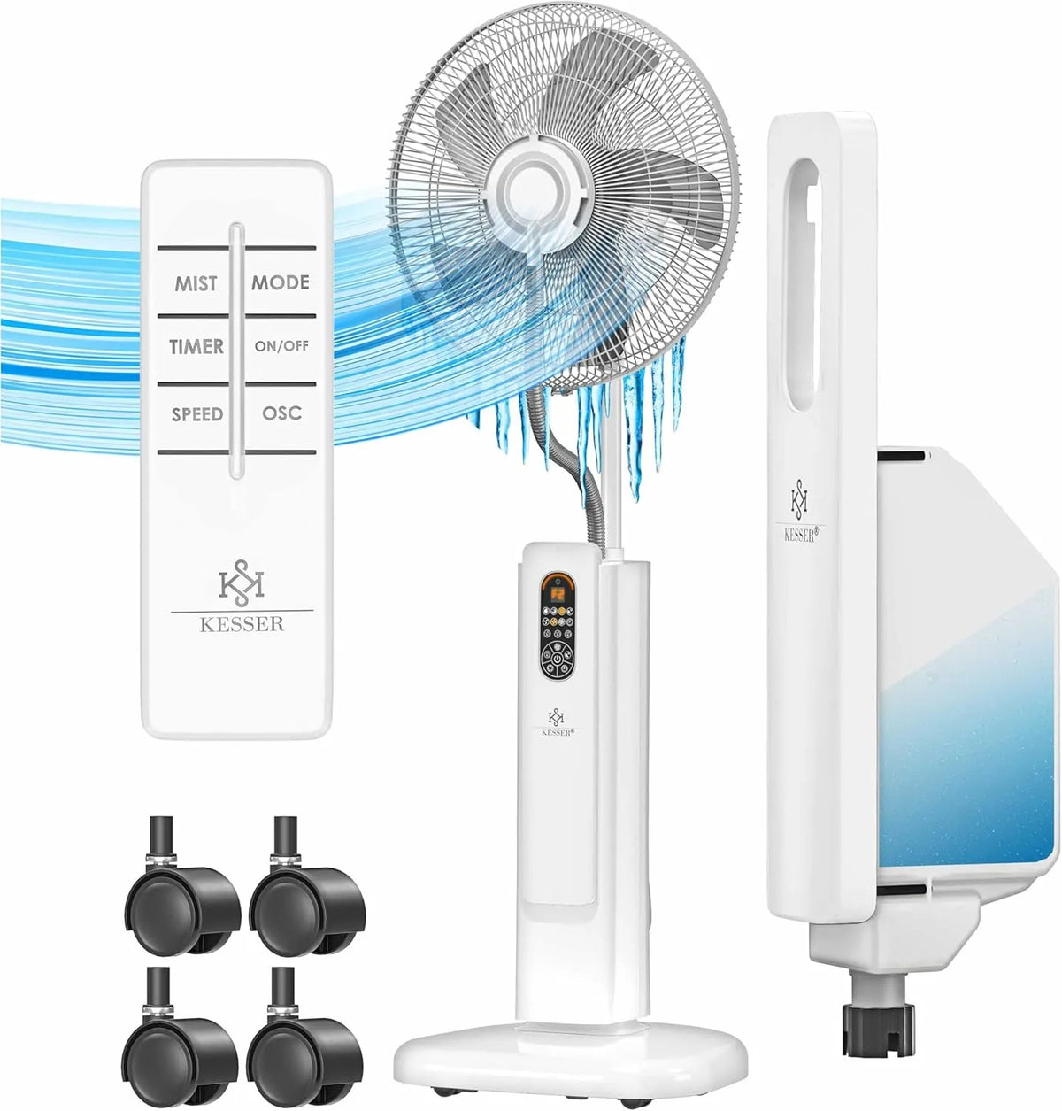 Kesser Ventilator, inklusive. Fernbedienung Timer-Funktion, Nebelfunktion, Weiß, Stand Frosty mit Wasser Ultraschall-Sprühnebel Wasserkühlung