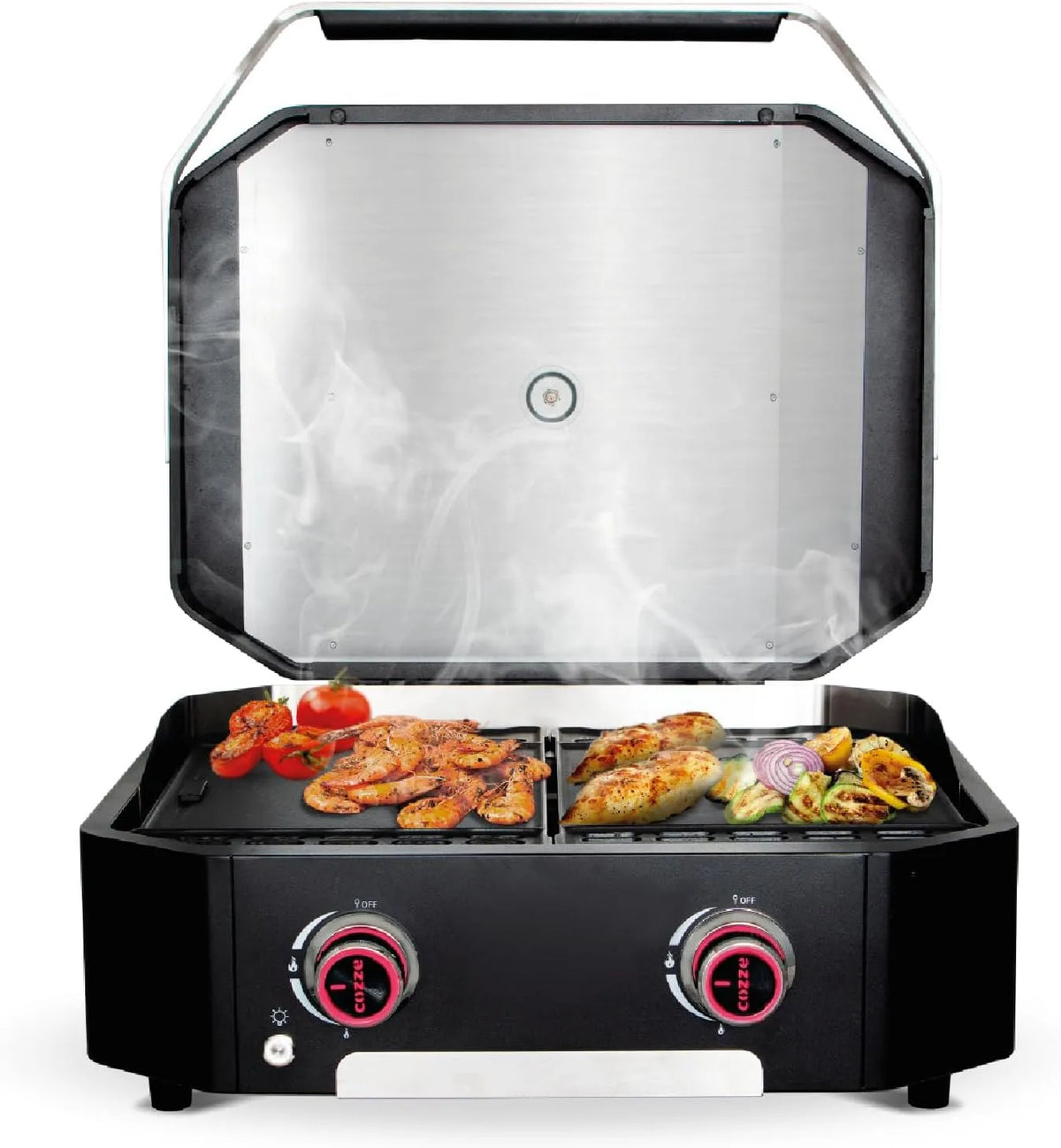 Gasgrill cozze Plancha, Maße 65 x 57 cm, 50 mbar, LED-Drehregler mit Leuchtanzeige, 600 mit Deckel, 2 Brenner, Wendeplatte aus Gusseisen
