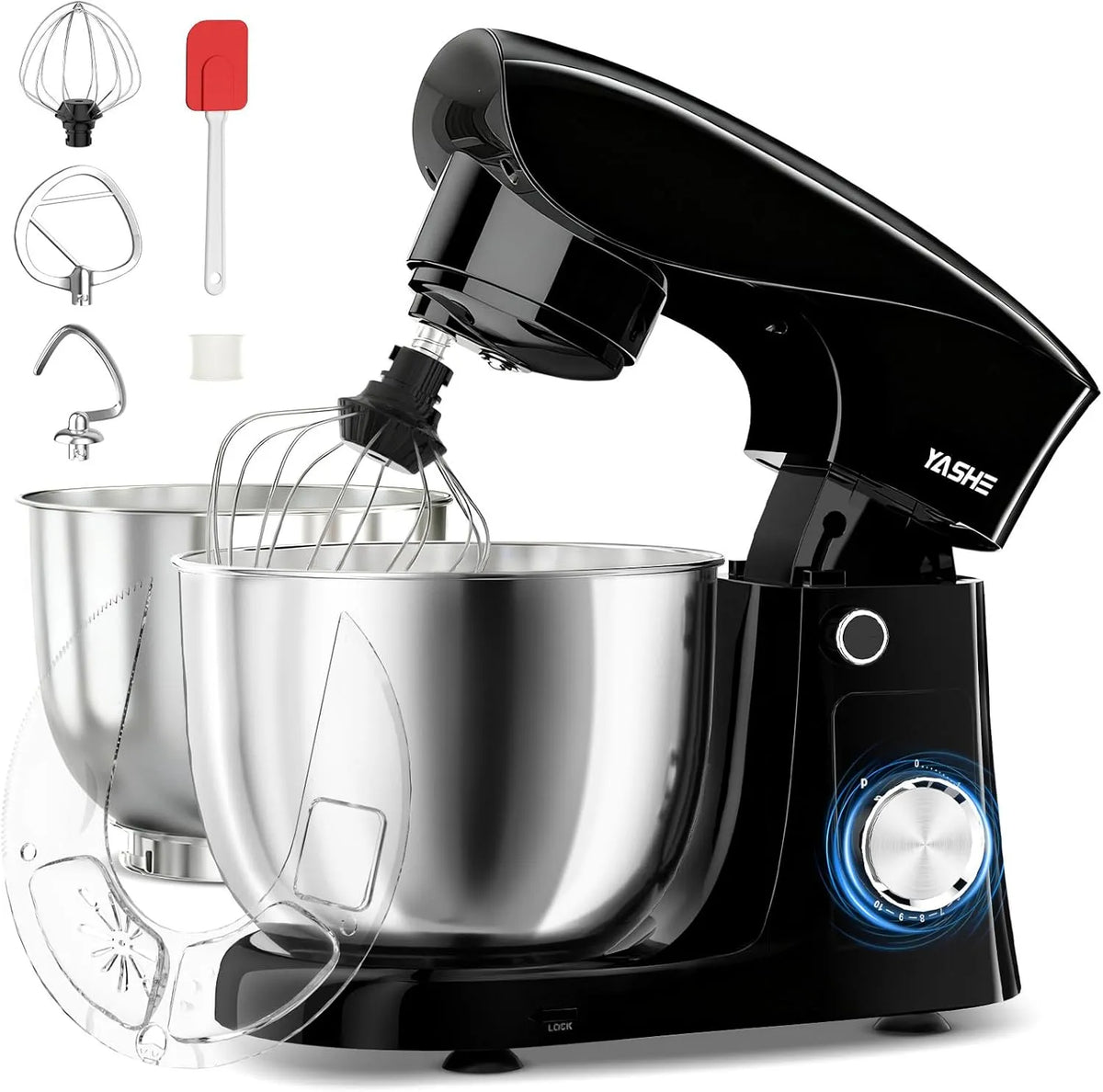 Küchenmaschine 10+P YASHE, leistungsstarke Knetmaschine mit 4,5 + 5L Edelstahlschüsseln, Kippkopf, Rührbesen und Schneebesen, Leistung 1500W
