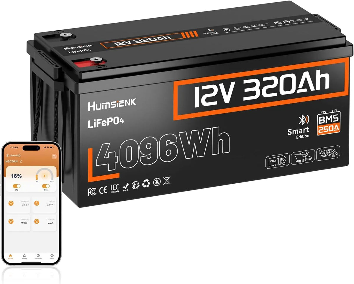 Modell Batterie 320Ah mit Bluetooth LiFePO4 HumsiENK, 250A BMS, über 15.000 Zyklen, 280Ah Bluetooth