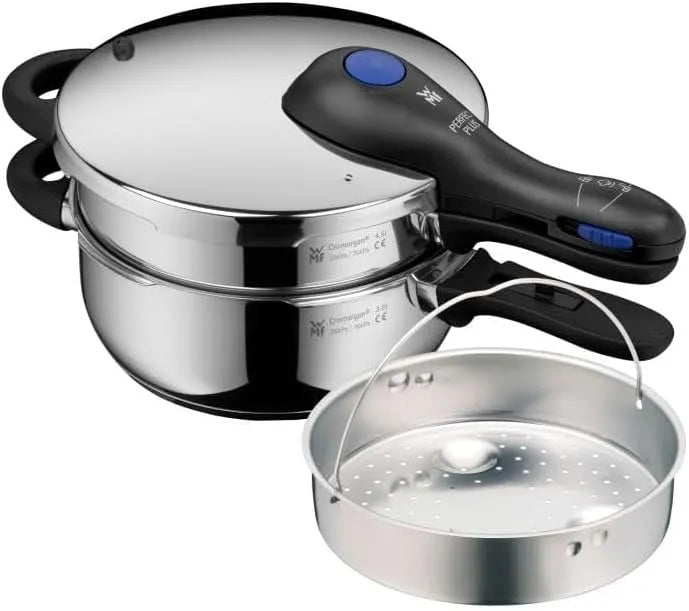 WMF Perfect Plus One Pot Schnellkochtopf Set Induktion 2-teilig, Dampfkochtopf 4,5l + 3l mit Einsatz, 2 Kochstufen, großes Kochsignal