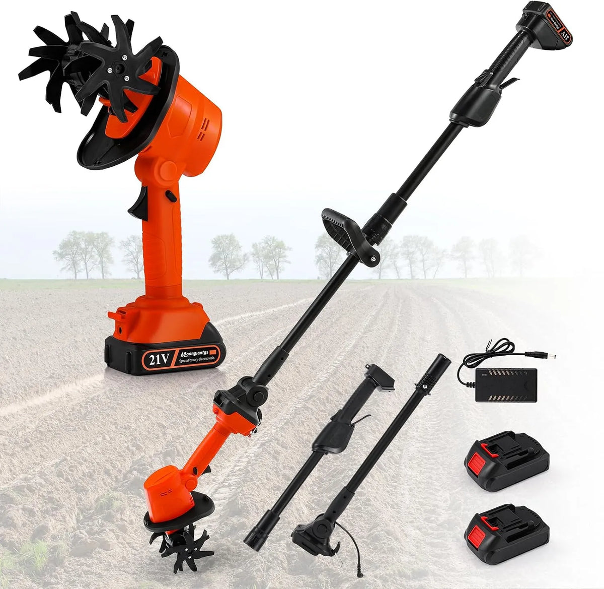 Moongiantgo 2-in-1 Akku-Motorhacke & Kultivator, Stangenmontage mit 4 gehärteten Stahlmessern, 10cm Tiefe, Handheld, Breite, 2×1500mAh