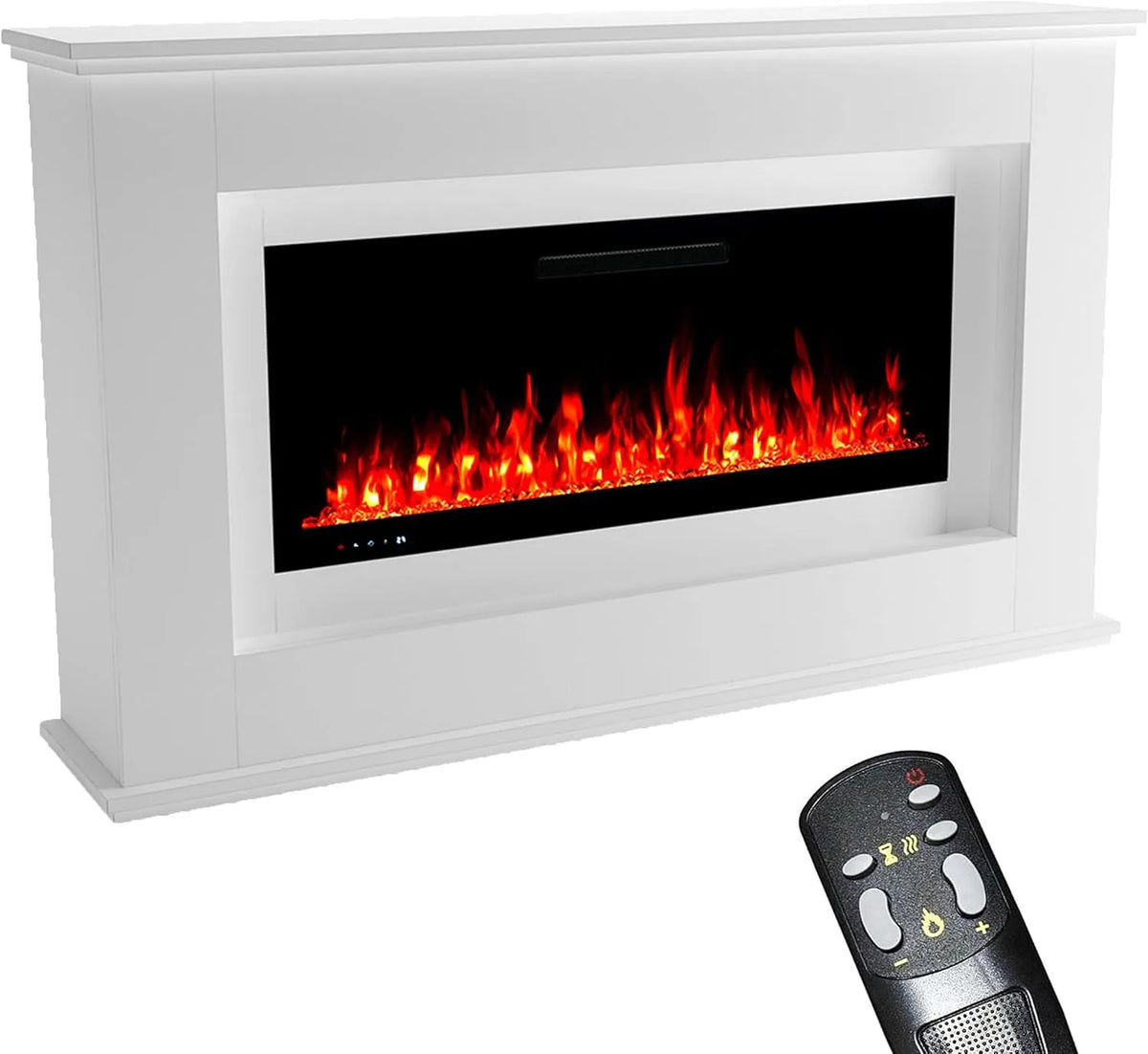Elektrokamin GLOW FIRE, elektrischer Kamin mit LED-Feuer in 5 Farben, Standkamin Rhea, Deko & Fernbedienung, Maße 158x97x33 cm, Heizlüfter, Weiß