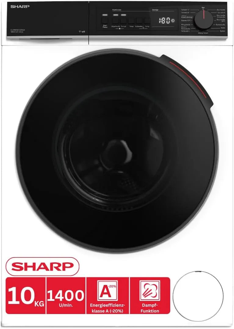Sharp Waschmaschine ES-WNFB014CWDA-DE 1400, 20%, Min, WiFi, AquaStop, weiß, Gewicht 10 kg, Energieeffizienzklasse A, Dampffunktion