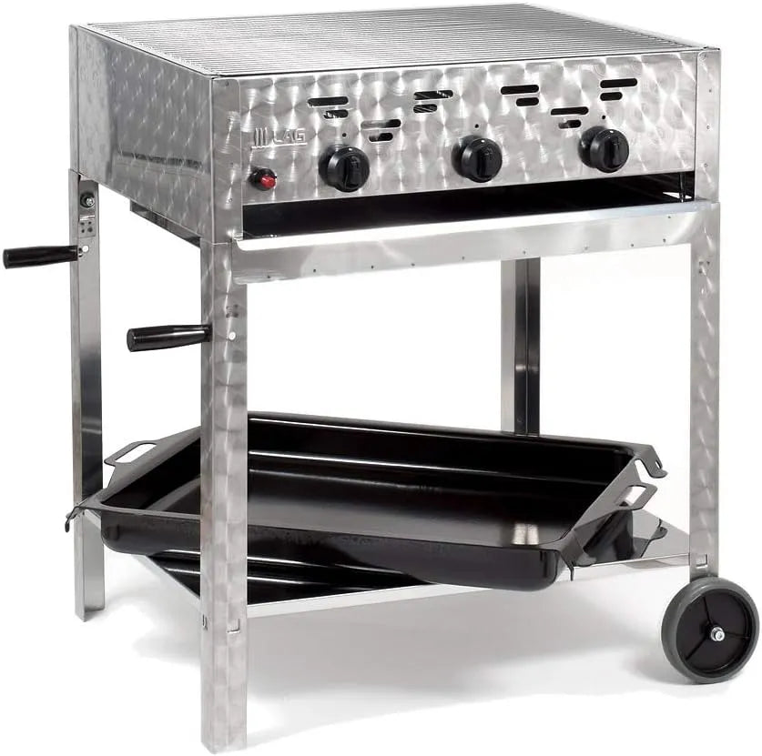 Gasgrill, mit Grillrost und emaillierter Stahlpfanne Grillwagen Gastrobräter Profigrill, Kombibräter 11kW 3-flammiger Edelstahl-Brenner fahrbar