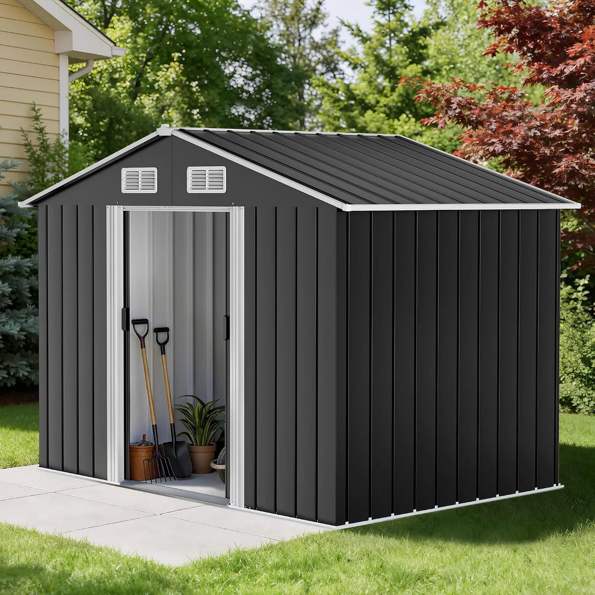 Geräteschuppen, Metall 196x132x187cm, Rostbeständiger Metal Garden Shed aus Verzinktem Stahl, Wasserdichtes Gerätehaus mit Schiebetür & Satteldach