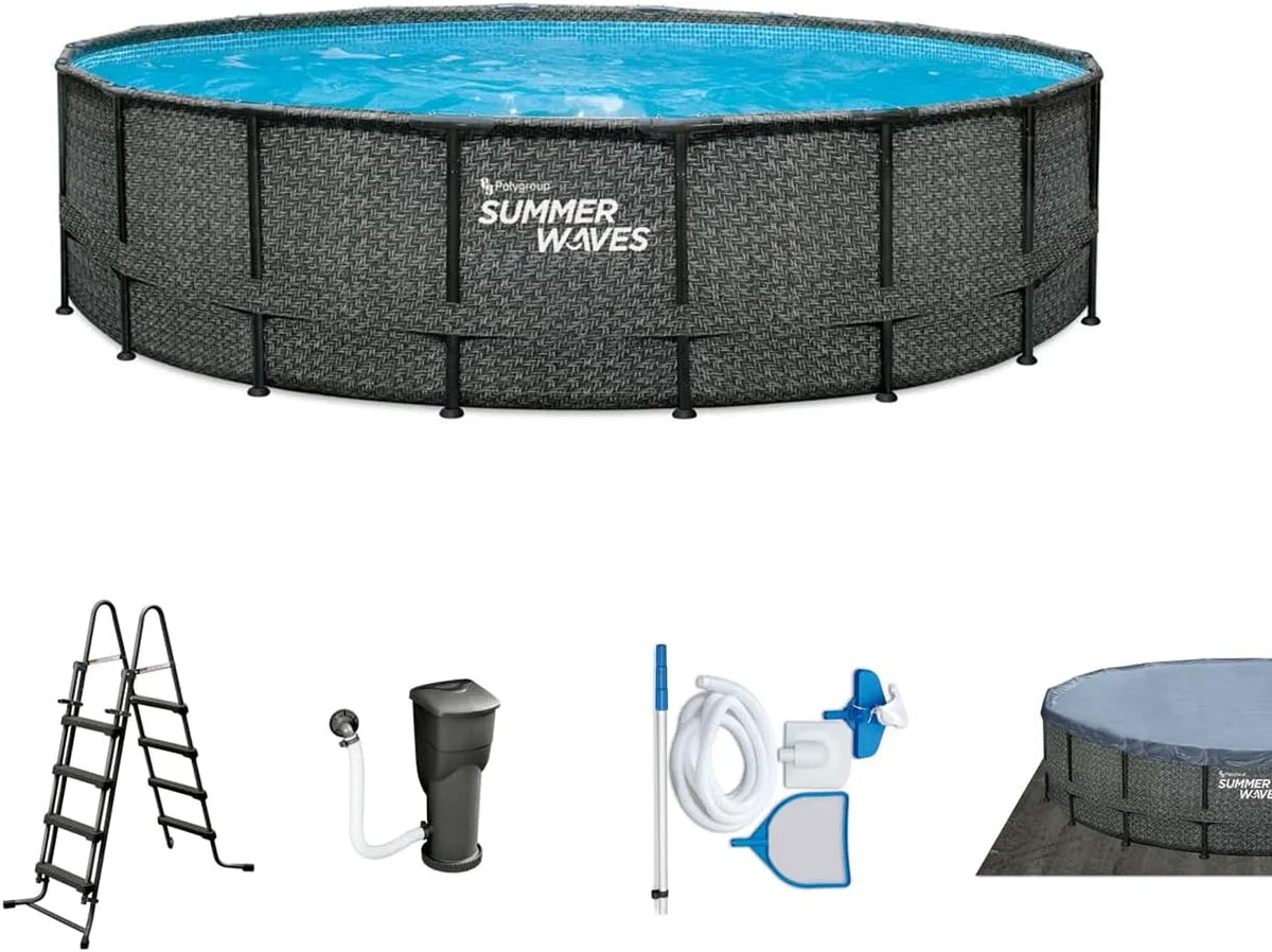 Pool Summer Waves Frame, Komplettset, Gartenpool & Schwimmbecken inklusive. Filterpumpe, Abdeckplane, Rund 488x122 cm Rattanoptik Farbe Grau