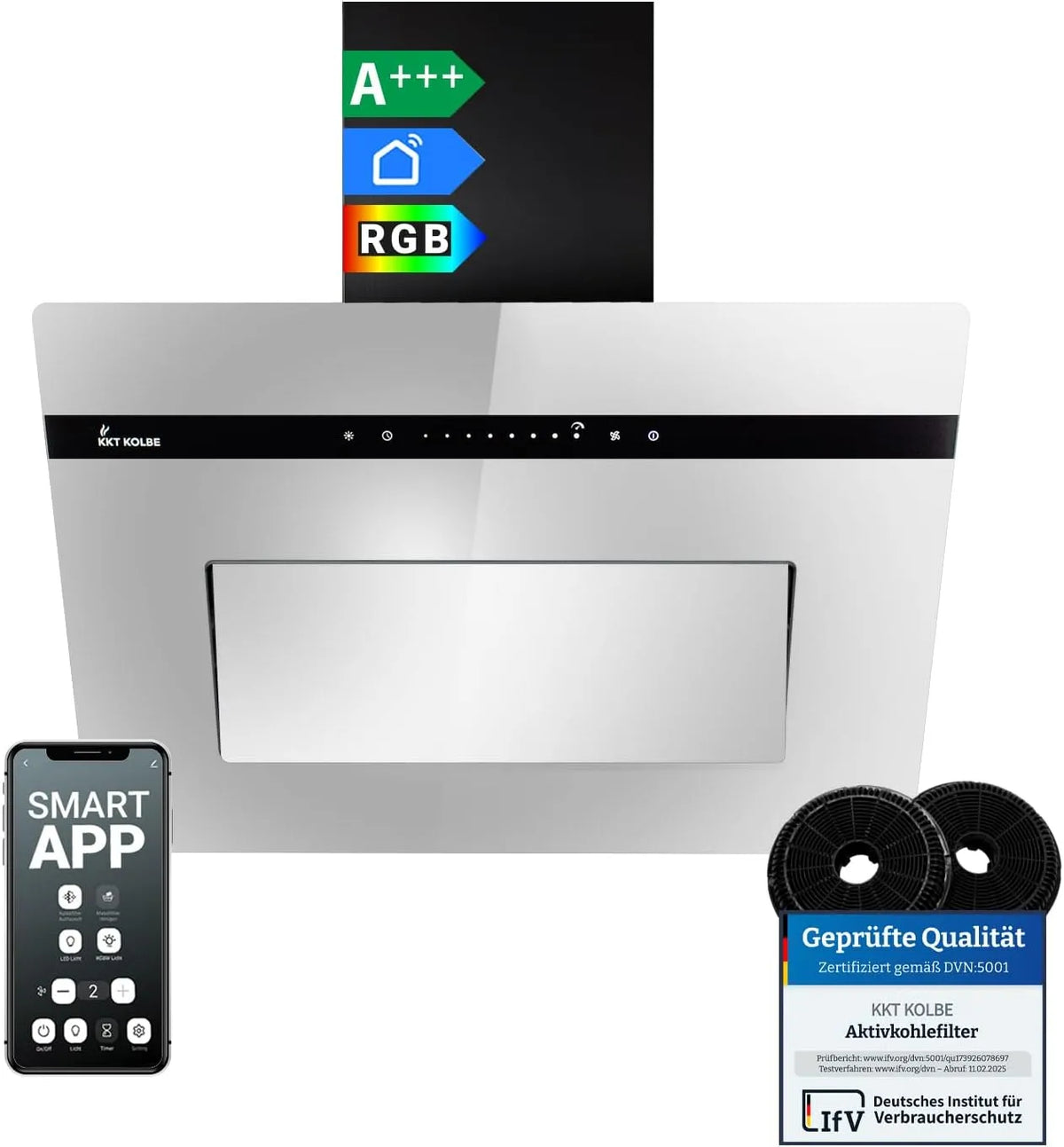 Dunstabzugshaube PLOOM6005M KKT KOLBE A+++, Smart WiFi App WLAN, Nachlaufautomatik, RGBW LED-Beleuchtung, 60 cm 782 cbm, SensorTouch
