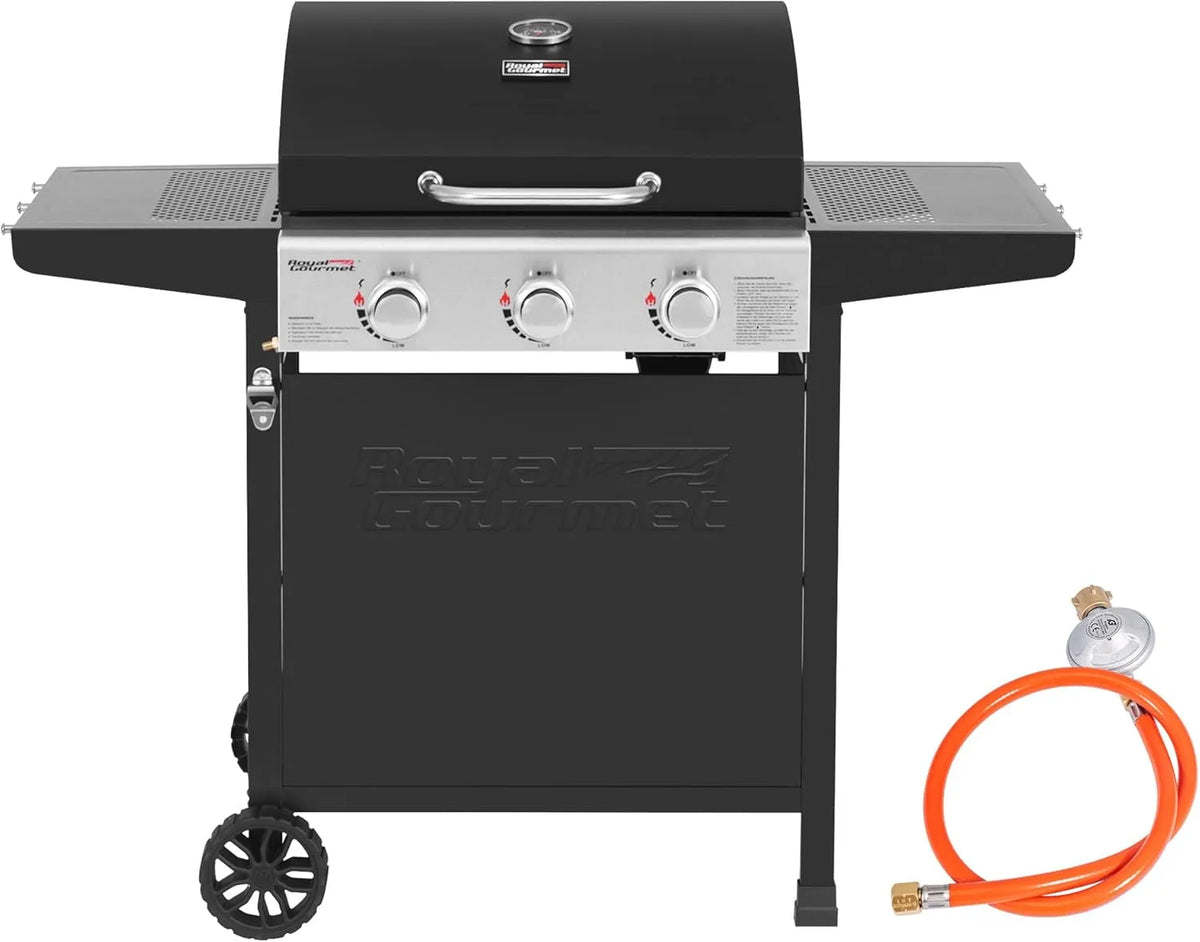 Gasgrill Royal Gourmet, Gartengrill mit Flaschenöffner, Grillwagen 3 Brenner 9 kW Camping Gaskocher mit Kochplatte, in Schwarz
