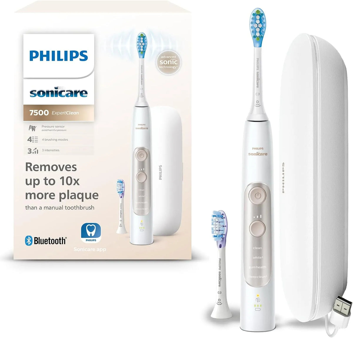 Philips Modell, Sonicare ExpertClean elektrische Zahnbürste 7500 HX9691/02, Drucksensor, White-Gold, 4 Putzmodi und 3 Intensitätsstufen, Reiseetui