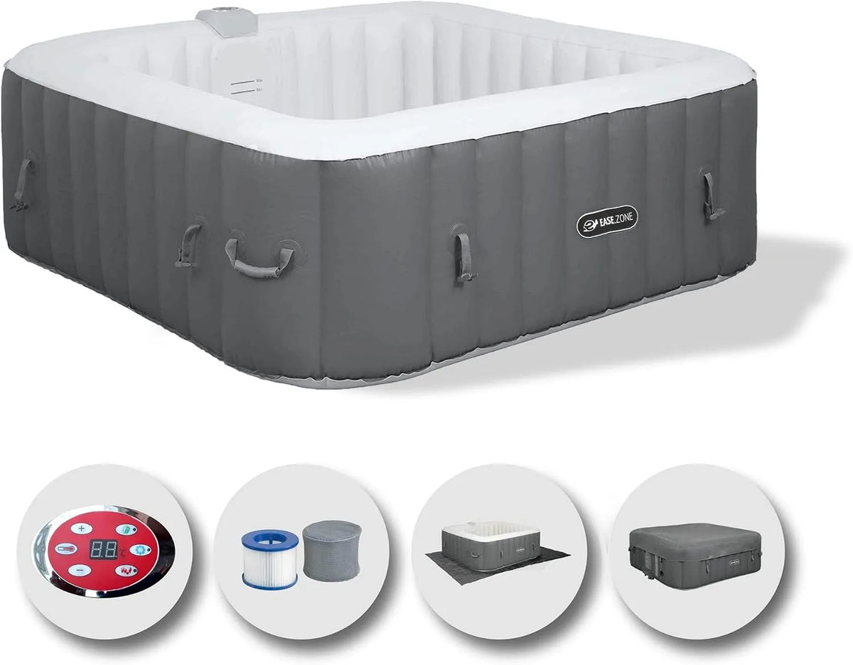 Whirlpool Pumpe, Maße 145 x 145 x 65 cm, für 4 Personen, Ease.Zone, aufblasbar, quadratisch, beheizt, sehr leise, Farbe Grau