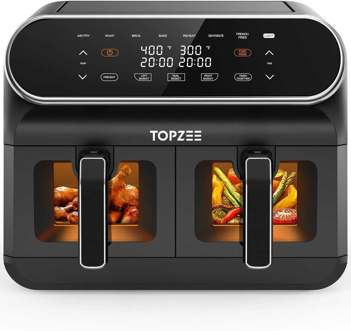 Heißluftfritteuse, 2 Kammern mit Sichtfenster, TOPZEE 8L Airfryer, 8-in-1 Voreingestellte Programme, in Schwarz, Spülmaschinenfeste Antihaft-Körbe