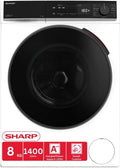 Sharp Waschmaschine ES-WNFB814CWDA-DE 1400, Inverter-Motor, min, Dampffunktion, Super Silent, Gewicht 8 kg, Energieeffizienzklasse A, AquaStop, Weiß
