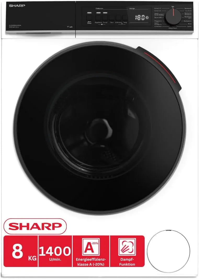 Sharp Waschmaschine ES-WNFB814CWDA-DE 1400, Inverter-Motor, min, Dampffunktion, Super Silent, Gewicht 8 kg, Energieeffizienzklasse A, AquaStop, Weiß