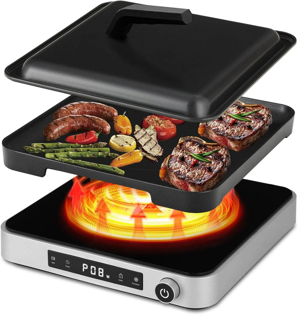 Induktionskochfeld, 10+5 Stufen, Touchsteuerung & Drehknopf für Camping, Outdoor, Leistung 2000W Einzelfeld + Elektrogrill, Küche