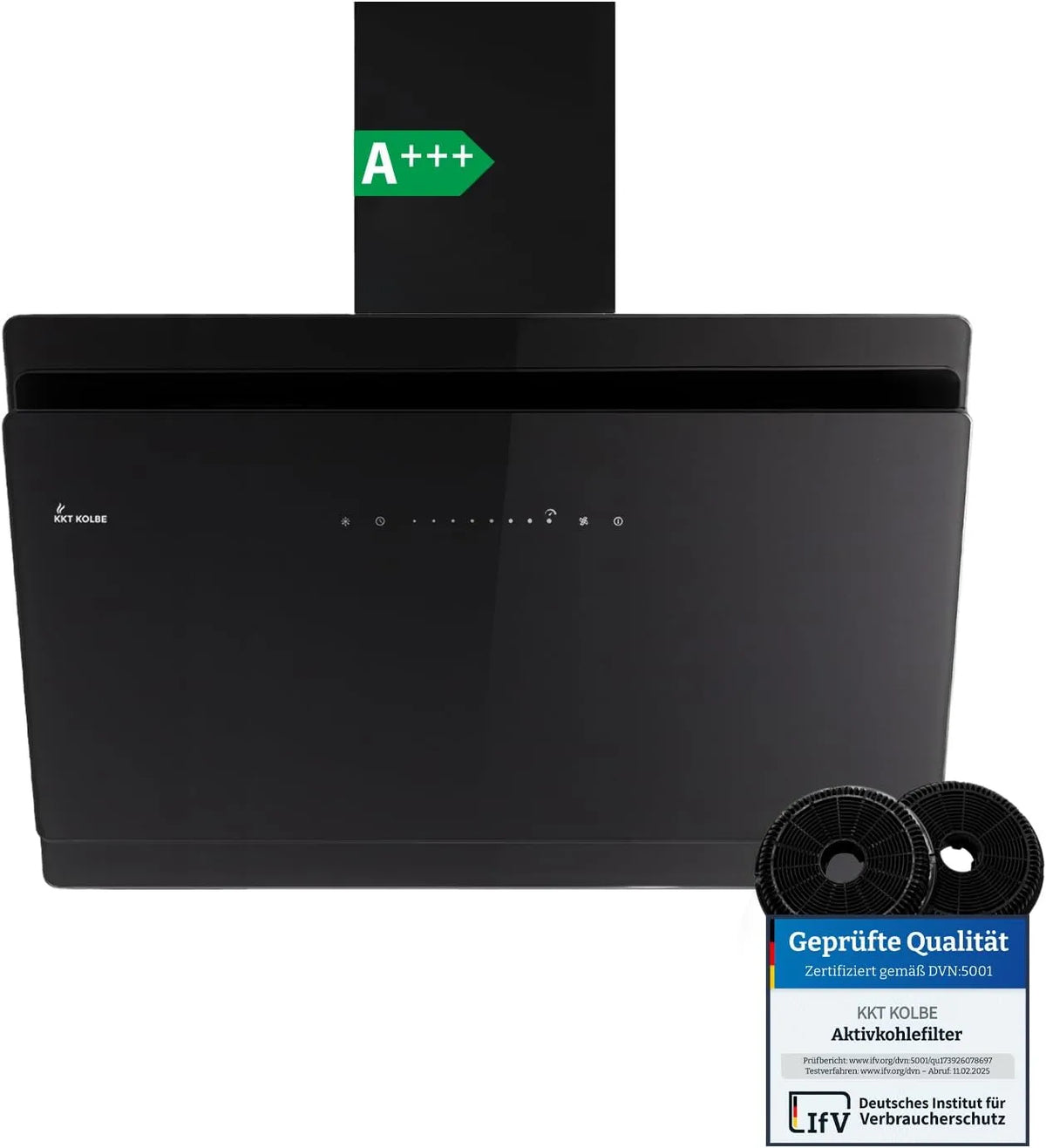 Dunstabzugshaube SOLO9005S KKT KOLBE A+++, 90 cm 782 cbm, Umluft, Abluft, Kopffrei, Wandhaube, Schräghaube, Glas, Nachlaufautomatik