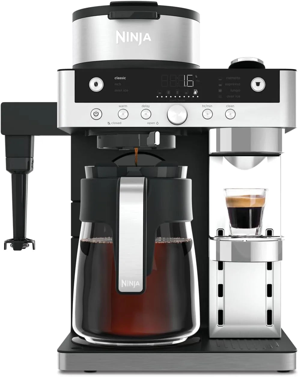 Ninja Modell CFN802EU, Prestige 2-in-1 Filterkaffee- und Kapselmaschine mit integriertem Milchaufschäumer, für Latte, Eiskaffee und Flat White