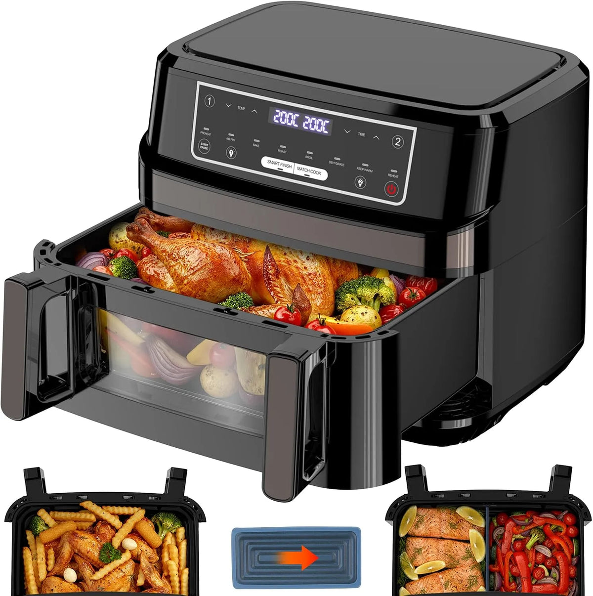 Heißluftfritteuse, Air Fryer 2 Kammern Touchscreen Max 200℃ Fettarmes Kochen, Fassungsvermögen 12L Airfryer Variabel Für Einzel-und Zweikammer, XXL