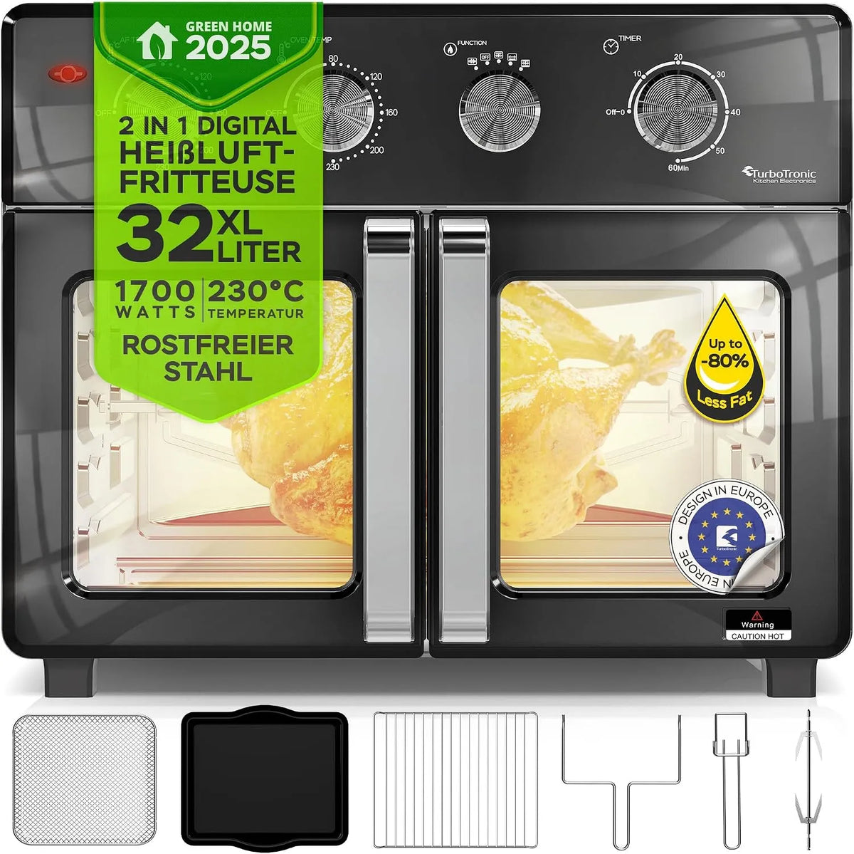 Heißluftfritteuse 4in1, XXL 32 Liter mit Drehspieß für Hähnchen Mini Backofen & Power Airfryer ab 80°C, TurboTronic digitaler Heißluftofen
