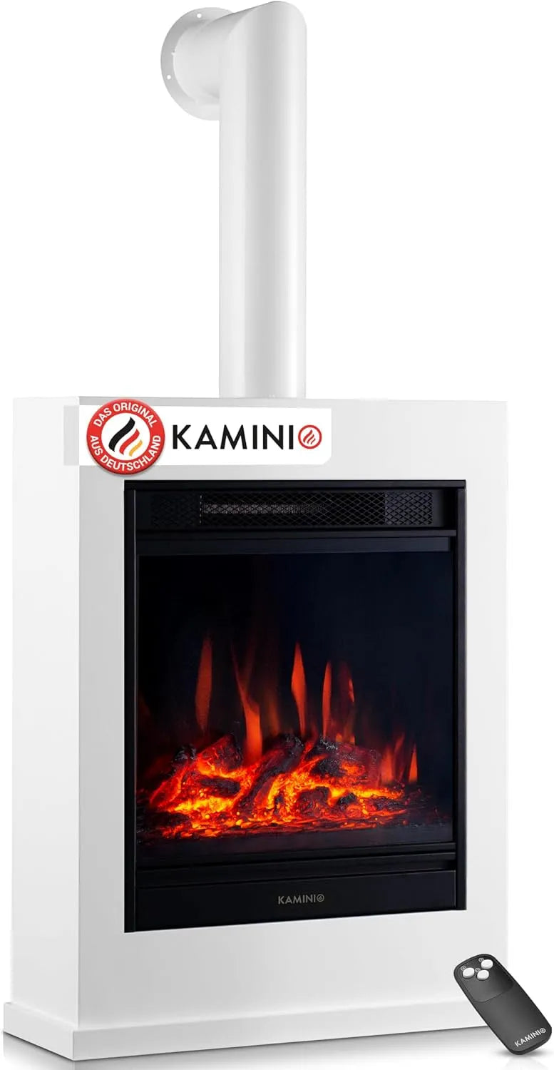 Elektrokamin 3D-Flammeneffekt, Kalle, Elektrischer Standkamin mit Heizung, Fernbedienung, Weiß mit Rohr