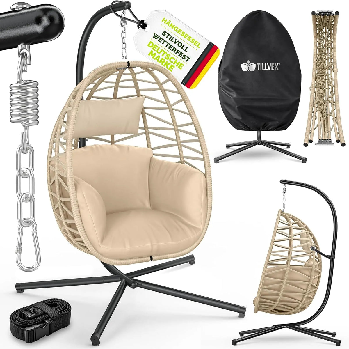 Mit Gestell Outdoor & wetterfester Abdeckung inklusive. Befestigung tillvex Hängesessel, Hängestuhl für Indoor Garten Balkon Terrasse, Beige