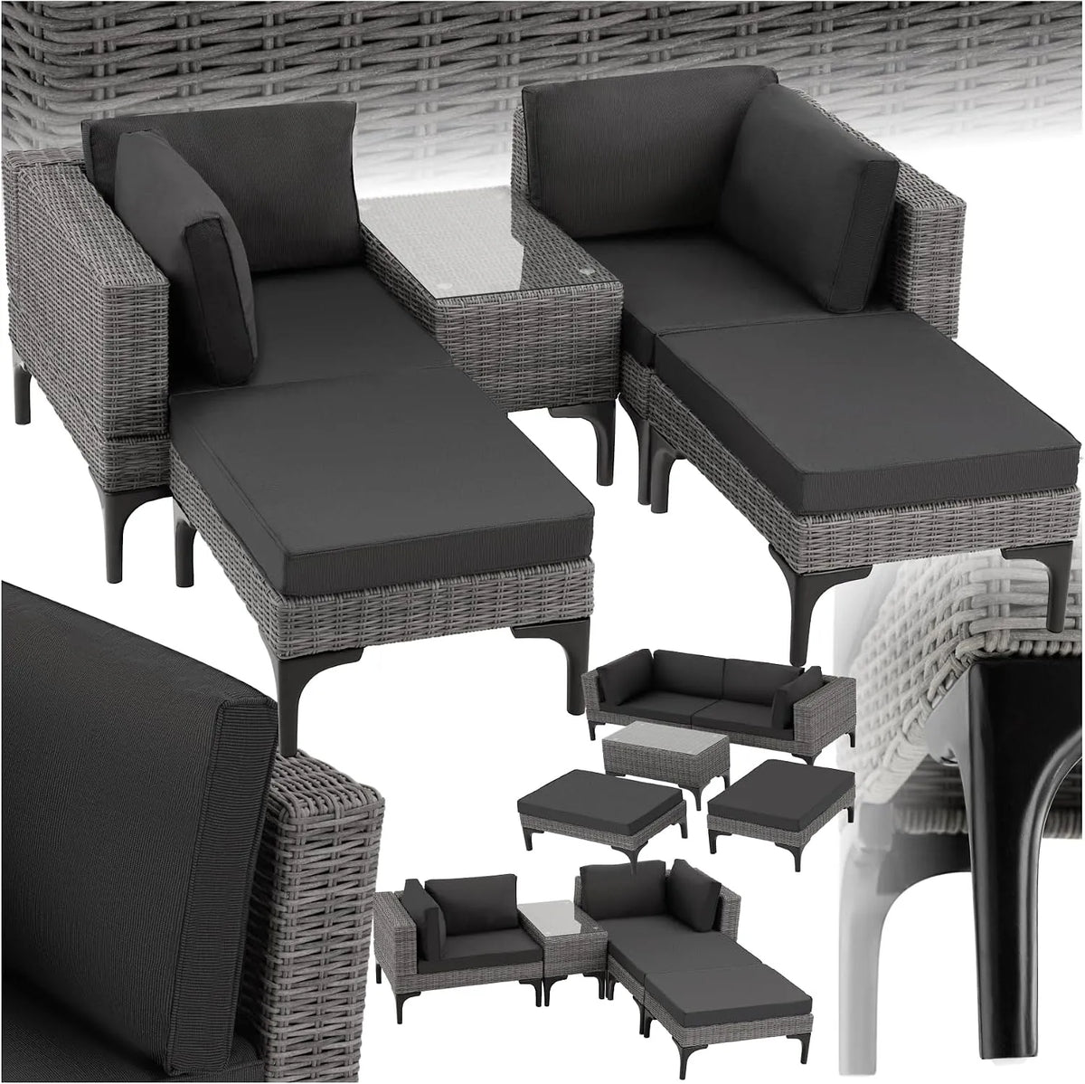 Sofa, 5-teiliges Gartenmöbel Set mit Aluminium Gestell, frei kombinierbar, Hocker, inklusive Sitz- und Rückenkissen, Tisch, mit Ecksessel, Farbe Grau