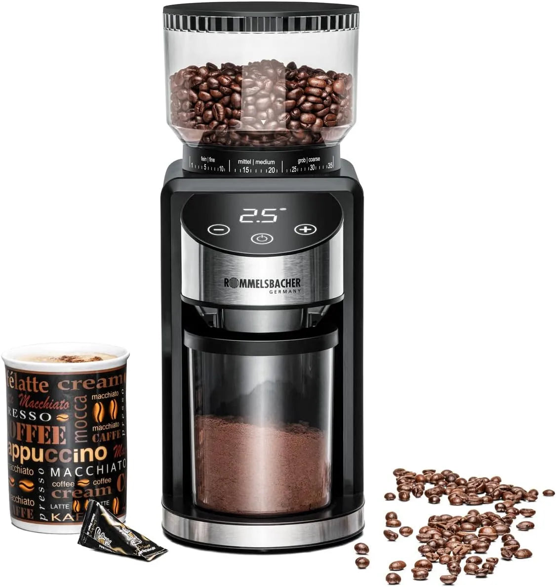 Kaffeemühle EKM 400 ROMMELSBACHER, Mahlgrad in 35 Stufen, 130 Watt, Kegelmahlwerk, Pulverbehälter, 12 Portionen, Bohnenbehälter 220 g